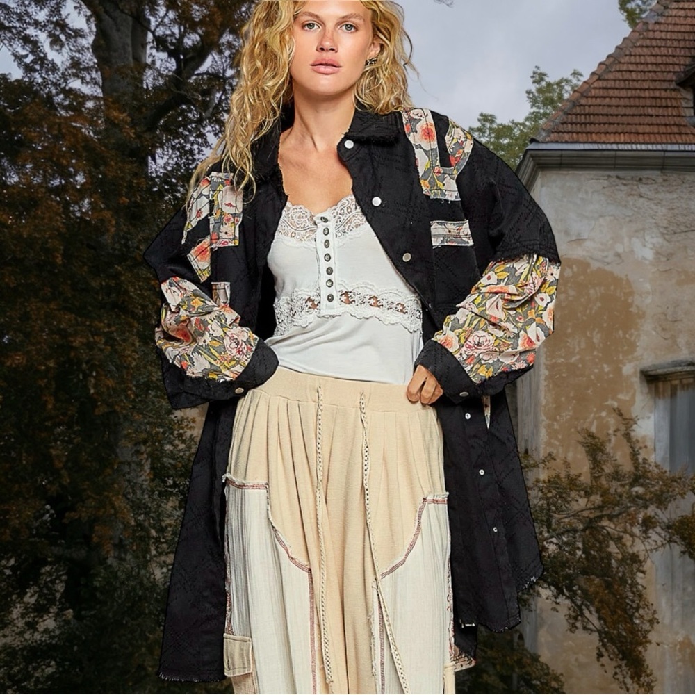 POL OVERSIZED Twill Shacket with Floral Patches on Black - Picture 3 of 8